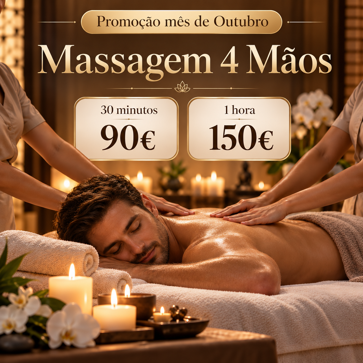 Promoção do mês de Outubro Awaken Sensation: Massagem 4 Mãos, 30 minutos por 90€ e 1 hora por 150€