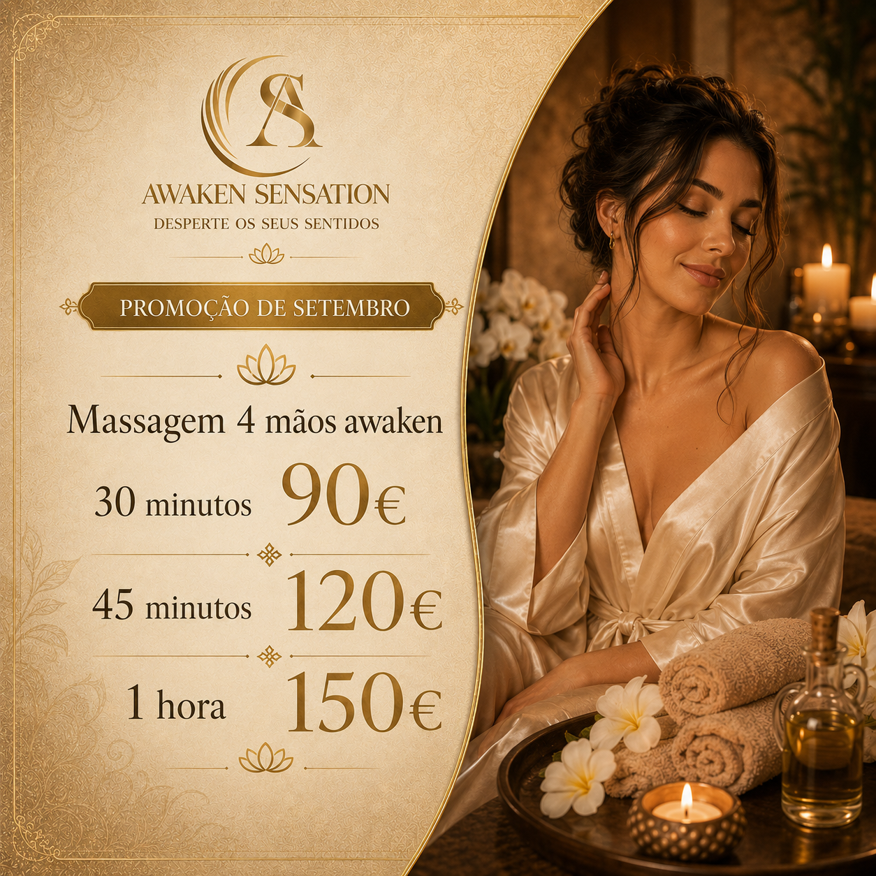 Promoções especiais de setembro Awaken Sensation: 4 mãos Awaken massagem 30 minutos 90€
45 minutos 120€ e 1 hora 150€